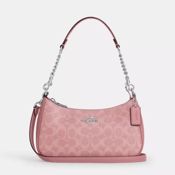 NWT coach!! Teri Shoulder Bag In Signature Canvas Color silver/dusty pink - Picture 1 of 6